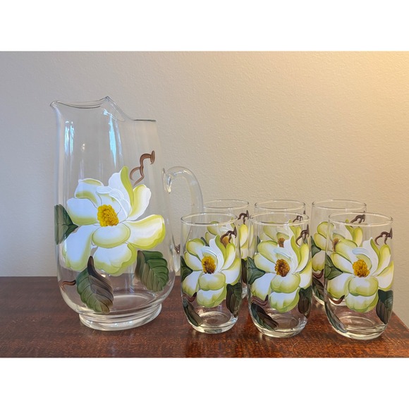 Bartlett Collins Other - Vintage MCM Bartlett Collins pitcher & glasses set magnolia hand-painted